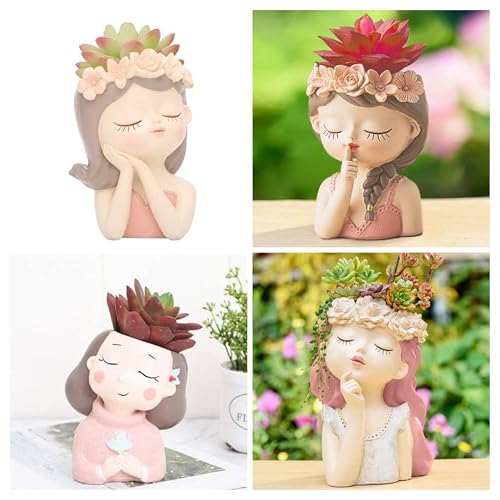 Image of Cute Beautiful Combo Pack of 4 Girls Succulent Planter Pots Resin Creative Flowerpot Plant Pot Planter Container for Home Garden Office Desktop Decoration (Set of 4 Pink Gilrs)