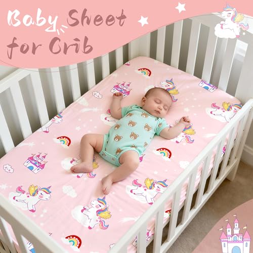 Image of Cloele Unicorns Fitted Crib Sheets,Pink Castle Unicorns, 1 Pack,52x28in | Baby Crib Sheets, For Standard Crib and Toddler Mattresses, Nursery Bed Sheet, For Baby Girls