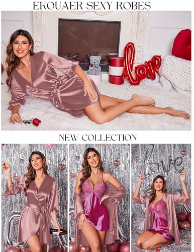 Image of Ekouaer Women's Satin Robe Valentines Lingerie for Women Kimono Bathrobe Short Ruffle Belted Robes Bridesmaids Sleepwear