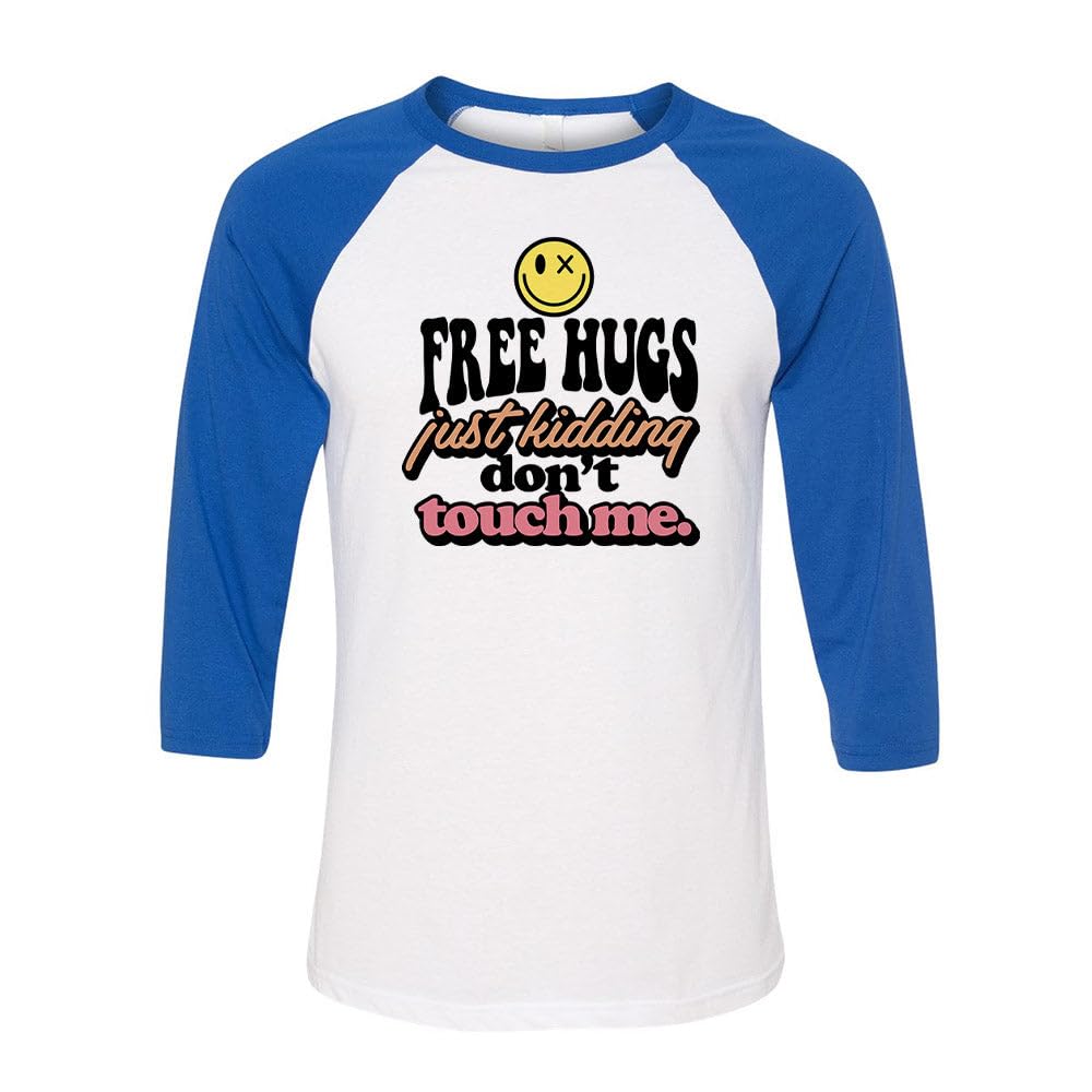 TeesAndTankYou Free Hugs Just Kidding Three-Quarter Raglan Sleeve Baseball Shirt Unisex X-Small White/Royal
