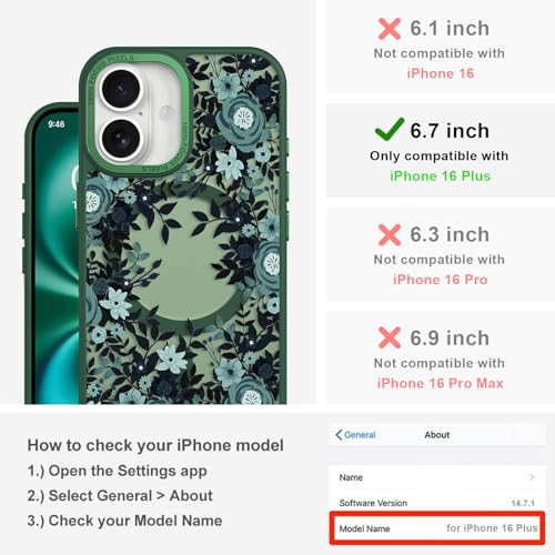 Image of Magnetic for iPhone 16 Plus Case with for Women, Green Flower | Pretty Floral Pattern Design [Compatible with MagSafe] Shockproof Slim Translucent Matte Non-Slip Protective Cover