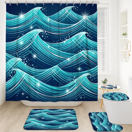 Rideaux de douche en polyester motif vagues turquoise avec tapis assorti