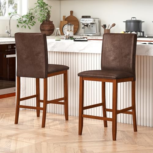 Butacos de barra Giantex, juego de 2 unidades, altura de mostrador, asiento y respaldo acolchados, patas de madera de caucho maciza, reposapiés, para isla de cocina, comedor o pub miniatura 1