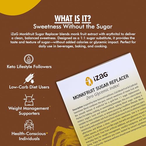 Image of iZaG Monk Fruit Natural & Sugar Replacer (300 Grams) | Zero Calorie Sugar Alternative | Keto & Diabetic Friendly | 1:1 Sugar Replacement | 60 Pre-Measured Sachets (5g Each) | For Tea, Coffee, Cooking & Baking