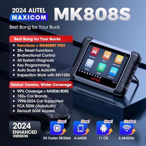 Autel Scanner MaxiCOM MK808S: 2025 Bidirectional Tool as MK808BT Pro MX808S M808Z, Work as MaxiCheck MX900 MK900BT, 28+ Service, Active Test, All System Diagnose, Injector C0ding, FCA Autoauth OS 11