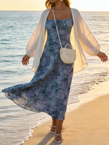 Image of YATHON Women's Summer Midi Corset Boho Dresses Spring Casual Floral Spaghetti Straps Lace Up Dress Flowy Aline Beach Sundress