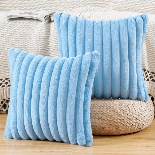 Madizz 2er Set Kunstpelz Plüsch Dekorative Kissenbezüge Flauschig Gestreifte Weich Dekorative Kissenbezug für Sofa Schlafzimmer Kissen Shell Hellblau 40 x 40 cm