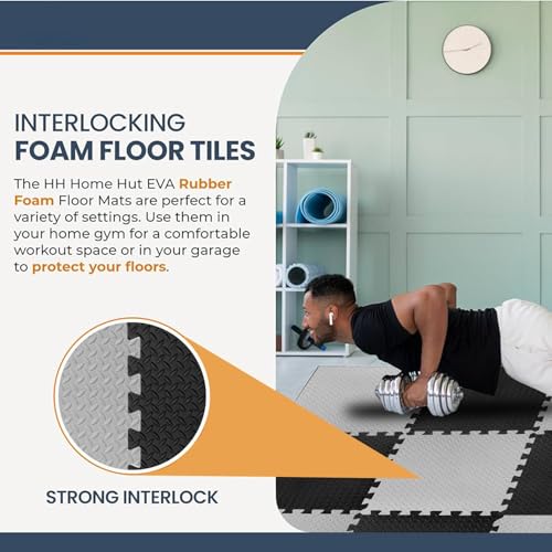 Image of eHomeKart Gym Mats for Floor for Home and Living Room, Interlocking Rubber Floor Gym Mat for Workout at Home, Super Absorbent EVA Foam Workout Mat- 60x60cm - 12mm, Black & Grey (16 Tiles - 64Sqft)