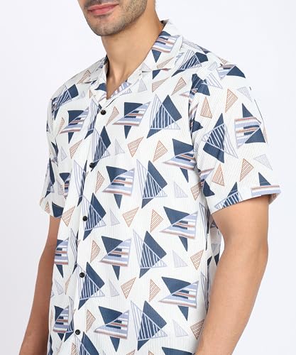Image of MiraMichi Men's Corduroy Printed Half Sleeve Casual Shirt - Regular Fit Hip Length
