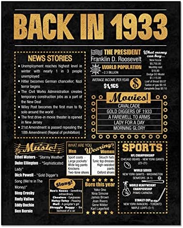 8x10 1933 Birthday Gift // Back in 1933 Newspaper Poster // 90th Birthday Gift // 90th Party Decoration // 90th Birthday Sign // Born in 1933 Print (Gold, 1933)