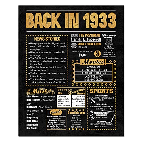 8X10 1933 Birthday Gift // Back In 1933 Newspaper Poster // 90Th Birthday Gift // 90Th Party Decoration // 90Th Birthday Sign // Born In 1933 Print (Gold, 1933) #TOP9
