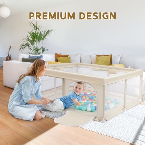 BEJOY Baby Playpen, 150cm Compact and Strong, Foam Protection, Anti-Slip, Transparent Breathable Mesh Round Zipper Door Safety Playard for Baby and Toddlers Indoor & Outdoor (Beige) - Image 5