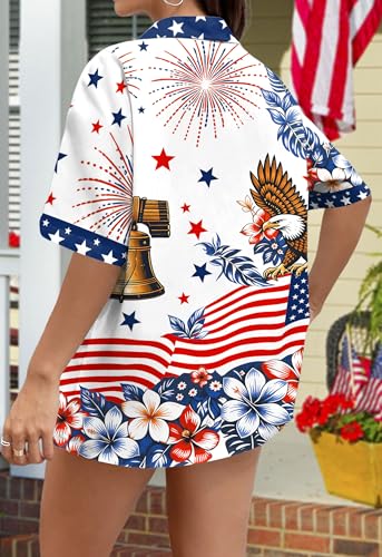 Image of Ithalt 4th of July Hawaiian Shirts Women American Flag Patriotic Short Sleeve Button Down Outfits Summer Vacation Tops