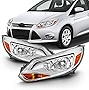 AKKON - Fits 2012-2014 Ford Focus 4Door Sedan Hatchback [Halogen Type] Chrome Trim Headlights Pair Driver Left+Passenger Right