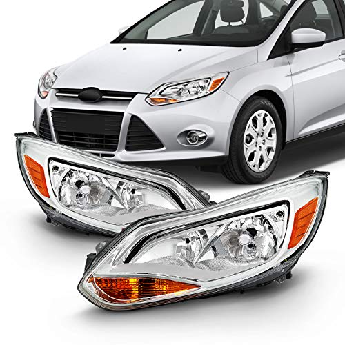 AKKON - Fits 2012-2014 Ford Focus 4Door Sedan Hatchback [Halogen Type] Chrome Trim Headlights Pair Driver Left+Passenger Right