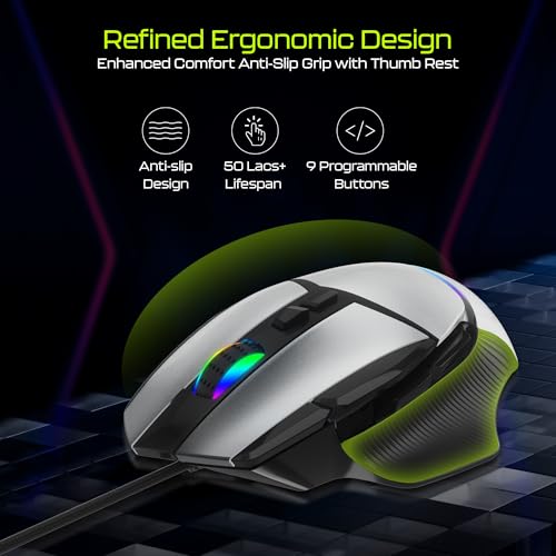 Image of Archer Tech Lab Wired Gaming Mouse| SunPlus SPCP199 Sensor, 6 DPI Levels (800-8000) High Precision|9 Programmable Buttons|7 RGB Light, 5 Million Clicks, Ergonomic 92g|for PC Laptop Mac(Recurve 800)