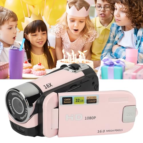 lvifloae Handheld Camcorder D90 1080p 16 Megapixel Digital Camera 16x Zoom HD Video Recorder with 2.4 Inch Rotatable Screen Camcorder and Fill in Light USB Connection Port (Roseate)