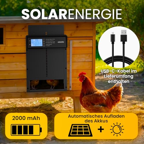 Okkobi Hühnerklappe Automatisch Solar - LCD Display - Automatische hühnerklappe mit Fernbedienung, Lichtsensor & Timer - Sicherheit & Seelenfrieden: Sicherheitsmechanismus - 5 Jahre Schutz