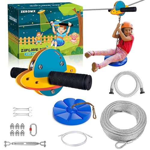 ZEROMX Zip Line Kit for Kids and Adults Outdoor, UFO Trolley 75/100/120/150ft Zipline for Backyard, Up to 350 Lbs, Included Swing Seat, Ziplines Stainless Steel Brake and Safety Cable