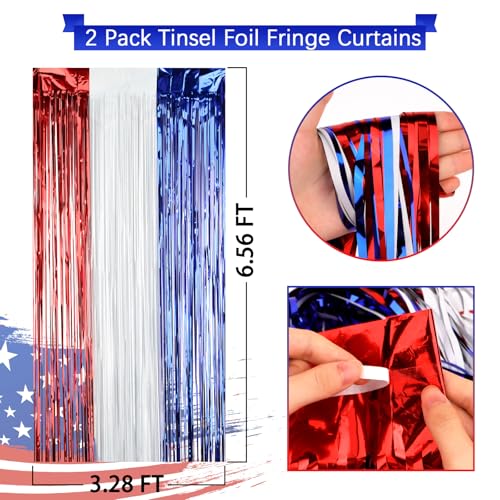 Image of 4th of July Decorations Set: 8 Strands Patriotic Star Streamers Banner Garland + 2 Pack 3.28Ft x 6.56Ft Metallic Tinsel Foil Fringe for Independence Day Memorial Day