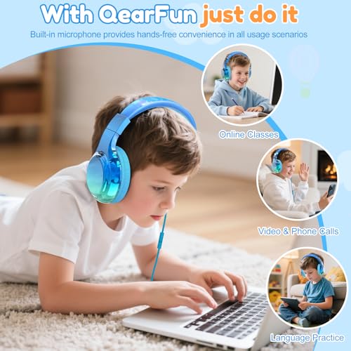 QearFun USB C Kids Headphones Wired with Mic, 85/94dB Safe Volume Limit, Foldable Over Ear, Tangle-Free Cord & Sharing Port, Wired On-Ear Headset for School, Chromebook, Tablet, Travel-Boys & Girls by QearFun - Used condition - Image 4