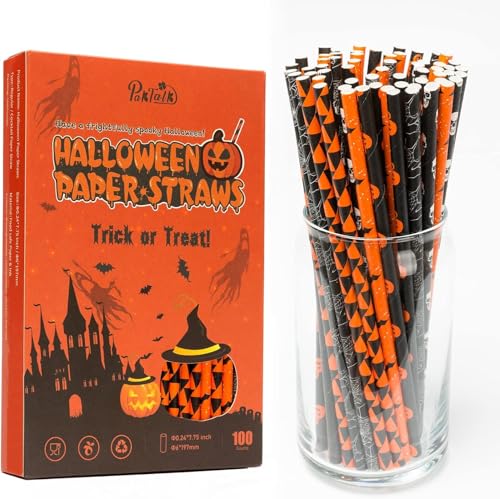 Halloween Pajitas de Papel - Lote de 100 Pajitas Ecológicas con 6 Diseños (Murciélago, Araña, Calavera) - Ideales para Fiestas y Manualidades - 6 x 197mm