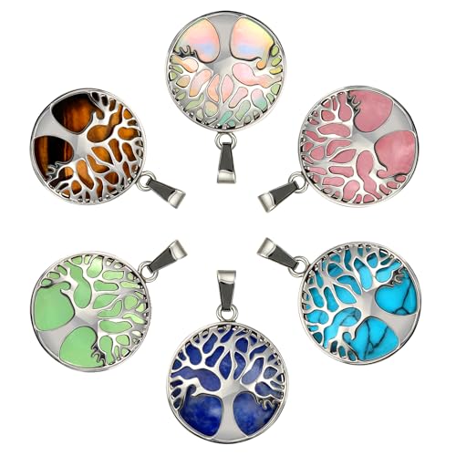 TOAOB 6 Stück Baum des Lebens Anhänger Metallrahmen Mit Natursteinen Heilung Kristall 27mm für Schmuckzubehör