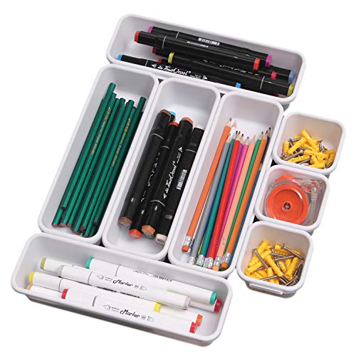 Set of 8 Interlocking Desk Drawer Organizer Tray Dividers Plastic Shallow Narrow Drawers Organizers Separators Storage Bins Container for Kitchen Bathroom Makeup Office Vanity Bedroom Dresser White