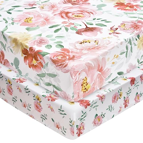 Image of PHF Soft Floral Crib Sheet Fitted, 2 Pack Silky Comfy Breathable Baby Sheets for Girls, 28x52x9in Fits Standard Crib and Toddler Mattresses, Watercolor Floral