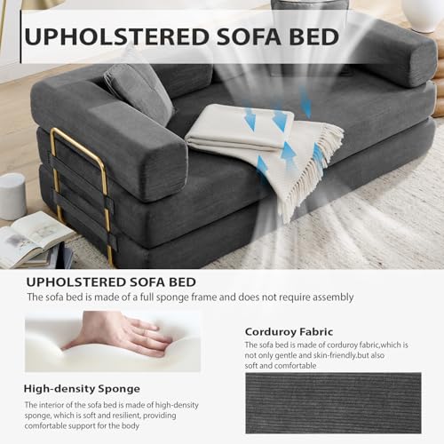 Image of HANXIN Convertible Sleeper Sofa Bed, 78 Inch Folding Floor Mattress Couch with Fixed-Shape Frame, Futon Boneless Couch Lounge Loveseat with Pull Out Bed, No Assembly Required, Grey