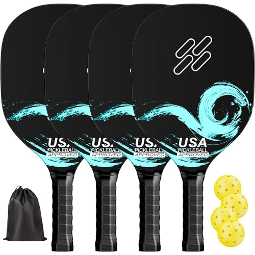 CRATTH Pickleball Paddles Set of 4 Durable Wood Pickleball Racket with Ergonomic Cushion Breathable Comfort Grip with 4-40 Holes Outdoor Balls and 1 Carry Bag Wooden Racquet for Men Women Sports