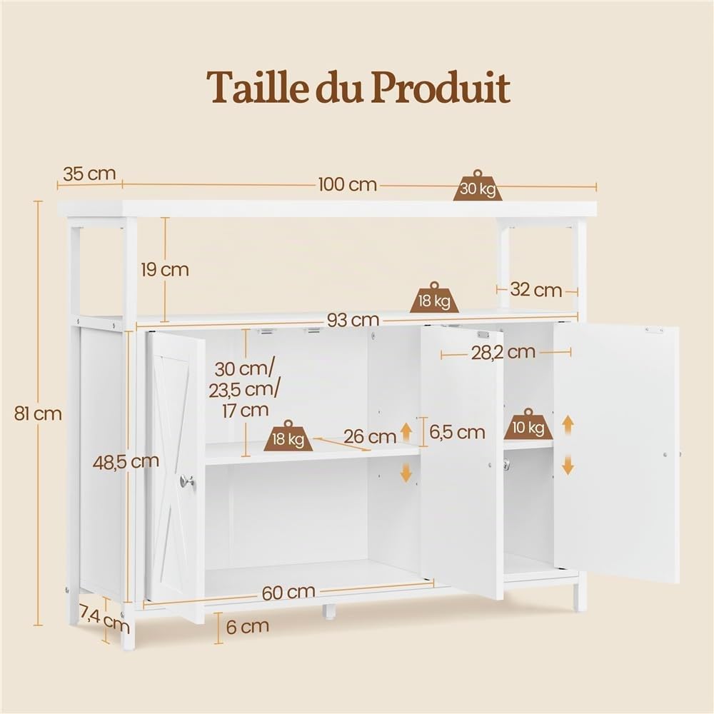 Yaheetech Buffet, Meuble de Rangement Cuisine, avec Placard 3 Portes, Étagère Réglable en Hauteur, 100 × 35 × 81cm, pour Salle à Manger, Salon, Moderne, Blanc