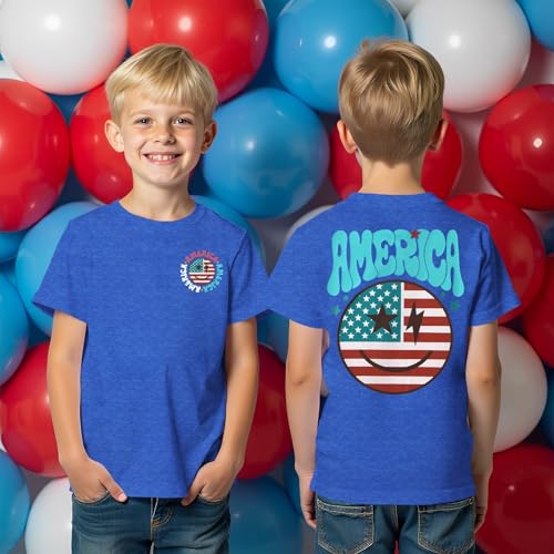 Image of MODNTOGA Boys Girls 4th of July Shirt USA Flag Graphic T-Shirt Big Kids America Print Short Sleeve Patriotic Holiday Tee Tops (Blue, 6-7 Years)