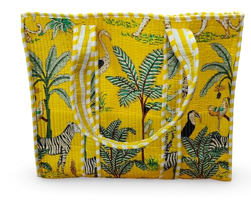 Image of Cotton Tiger Block Print Tote Bag, Indian Handmade Shopping Shoulder Bag, Unisex Market Daily Use