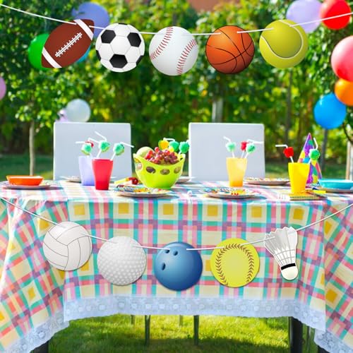 Image of Hooqict Sports Themed Party Decorations Happy Birthday Banner Baseball Football Basketball Golf Soccer Volleyball Softball Party Banner Garland Sign for Sports Birthday Party Decorations Supplies