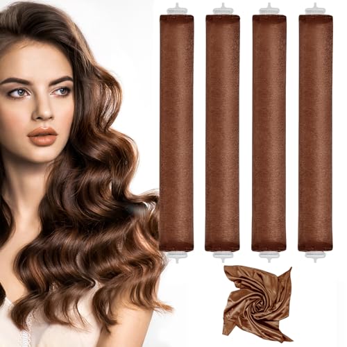 Heatless Curlers, Heatless Curls Overnight Set for Women, Soft Hair Curlers to Sleep In, Jumbo No Heat Hair Curlers Set with Headscarf and Hook for Long Hair (DarkBrown, 4 Packs)