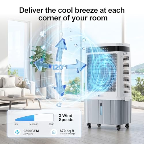 AKIRES 2800CFM Swamp Cooler Air conditioner,Evaporative Air Cooler with 9.5Gal Detachable Water Tank,Ice Packs,12H Timer,Portable Cooling Tower Fan for Indoor Outdoor White