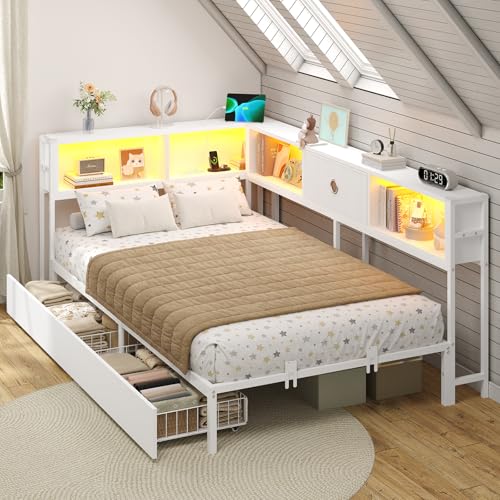 DICTAC Canapé Lit 90x190 avec Éclairage LED et Multiprise, lit Coffre avec 4 niches Ouvertes et 2 Grands Tiroirs, Lit 90x190 avec Sommier à Lattes en Métal, lit...