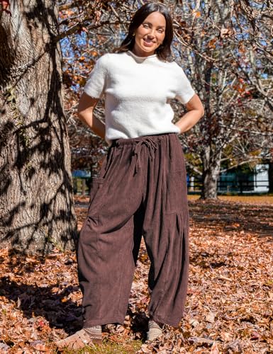 TARSE Womens Corduroy Wide Leg Pants Casual Loose Baggy Drawstring Palazzo Harem Pants with Pockets4