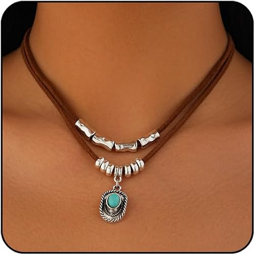 Boho Necklaces for Women Western Jewelry for Women Cowboy Cowgirl Accessories Vintage Leather Necklace with Star Cactus Beads Coin Hat Pendant