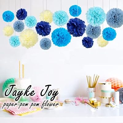 20 Pcs Tissue Pom Poms Kit, Tissue Paper Flowers for Birthday, Boy Baby Shower, Nursery, Graduation, Classroom Decoration (Blue Mix)