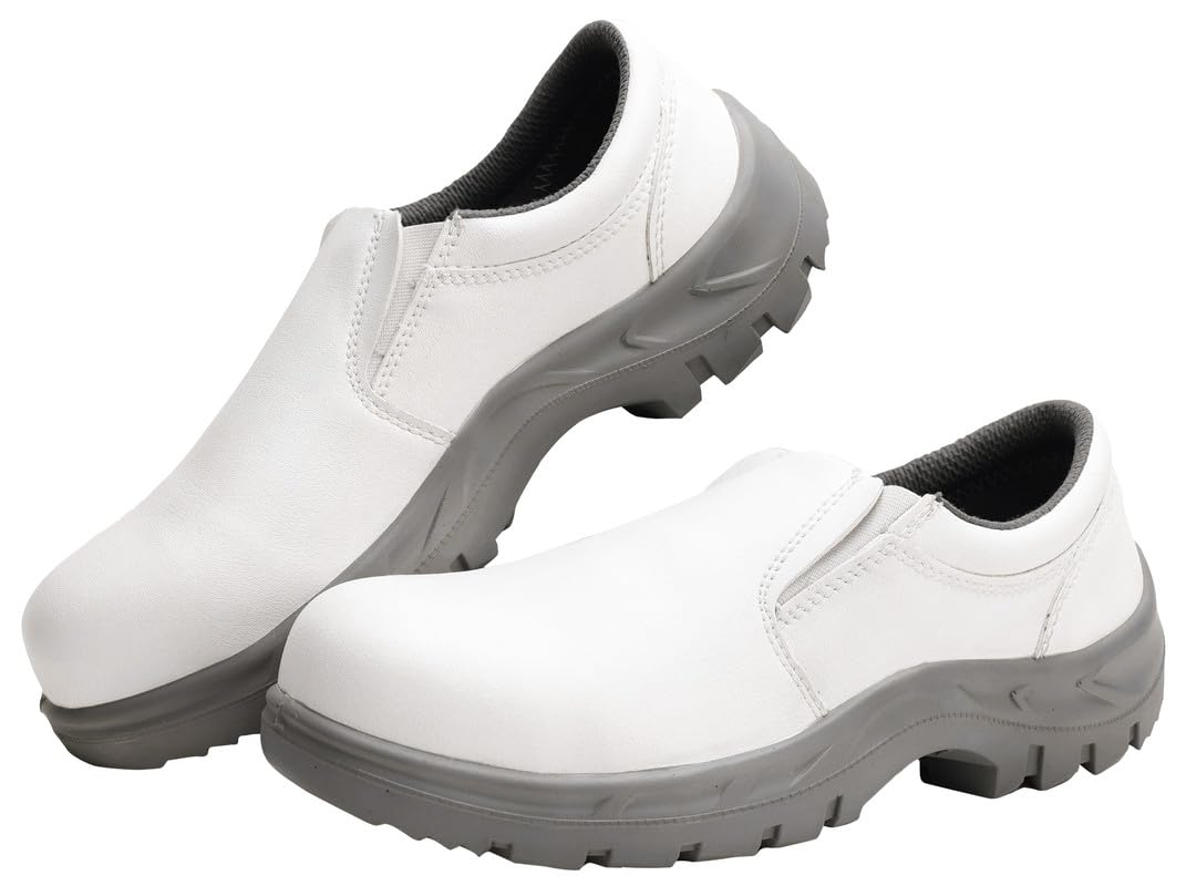 Karam FS13 White Slip-On Leather Safety Shoes for Men | Single Density with Fiber Toe | Antistatic, Water Repellent, Oil & Heat Resistant