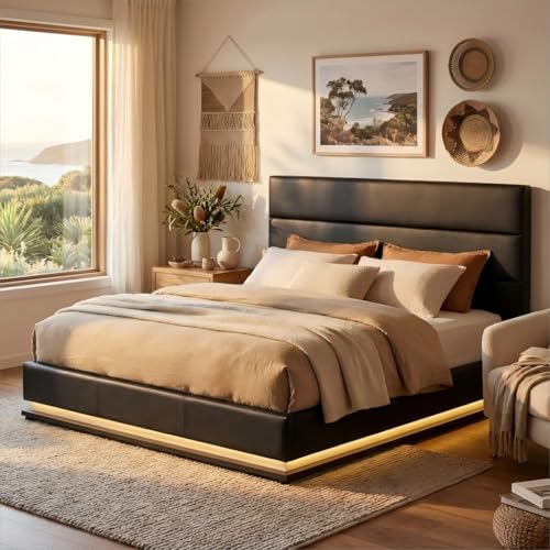 Artiss King Bed Frame Storage Platform Base Headboard and Gas Lift, Upholstered in Black Leather for Bedroom Home Furniture Decor