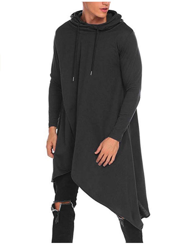 Oytto Men's Black Long Hoodie Irregular Hem Design Poncho Cape Cloak Pullover Casual Hooded (,Xl,Xl)