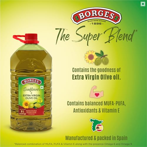 Image of Borges Super blend of Extra virgin Olive oil & Sunflower oil - 5 ltr | Ideal for Deep frying, Shallow Frying, all types of cuisines