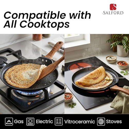 Image of SALFORD Forged Non-Stick Tava | 26 cm | Gas & Induction Base | Non-Toxic PFOA Free Coating | 1Y Warranty | Roti, Dosa, Pancake, Chilla | Wooden Finish Handle | Black Marble