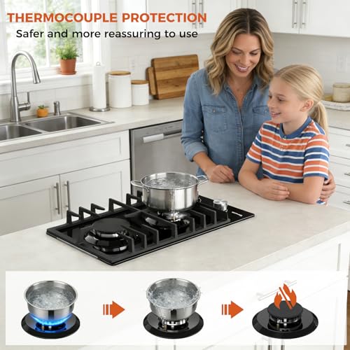 Image of TOPWISH 12 Inch Gas Cooktop 2 Burner, Propane Stove Top 18,000 BTU Black Tempered Glass LPG /NG Convertible Dual Fuel Built-in Natural Hob with Thermocouple Protection for Rvs Kitchens Apartment Indoor