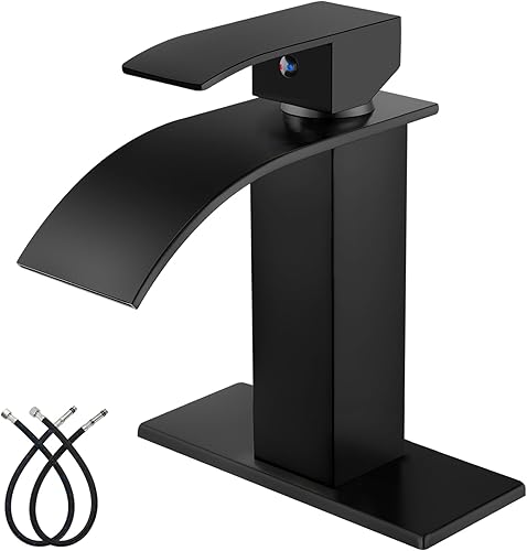Midanya Grifo de lavabo de baño negro mate con boquilla de cascada de un solo mango para montaje en cubierta de 1 agujero grifo mezclador de agua disponible en Yaxa Colombia