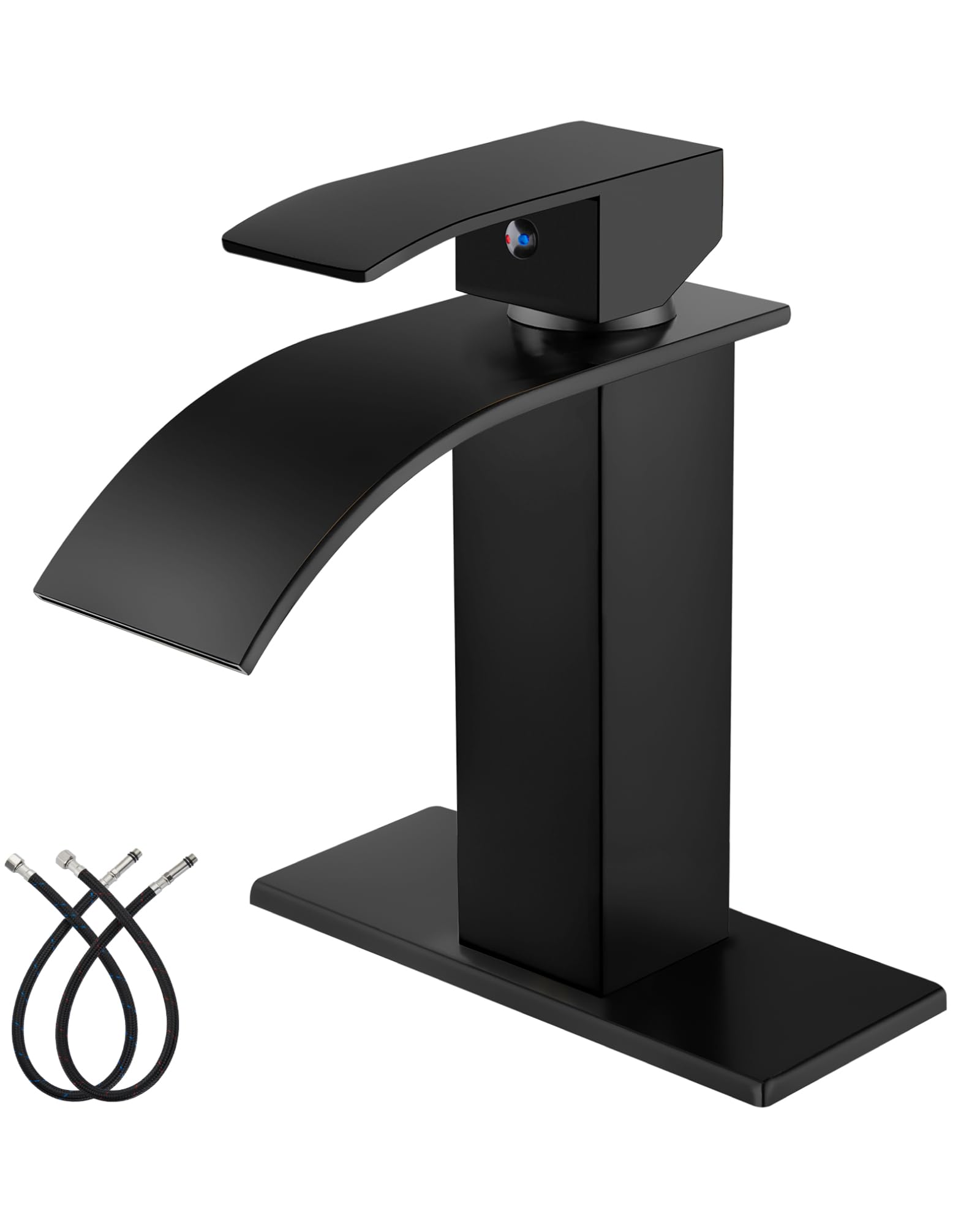 Midanya Matte Black Bathroom Sink Faucet Waterfall Spout Single Handle 1 Hole Deck Mount Hot & Cold Water Mixer Tap Lavatory Vanity Sink Faucet Commercial with Deck Plate