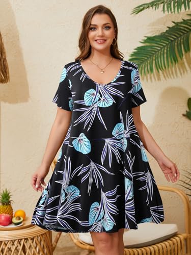 Image of ZENNILO Women's Plus Size Swing Dress with Pockets Casual Summer Dresses V Neck Short Sleeve T Shirt Dress for Women
